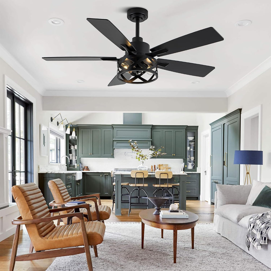 52' Farmhouse Ceiling Fan with Lights and Remote,Ceiling Fan with Rustic Caged Light Fixture,Reversible DC Motor,5 Double Finish Wood Blades for Patio, Living Room, Dining Room,Bedroom