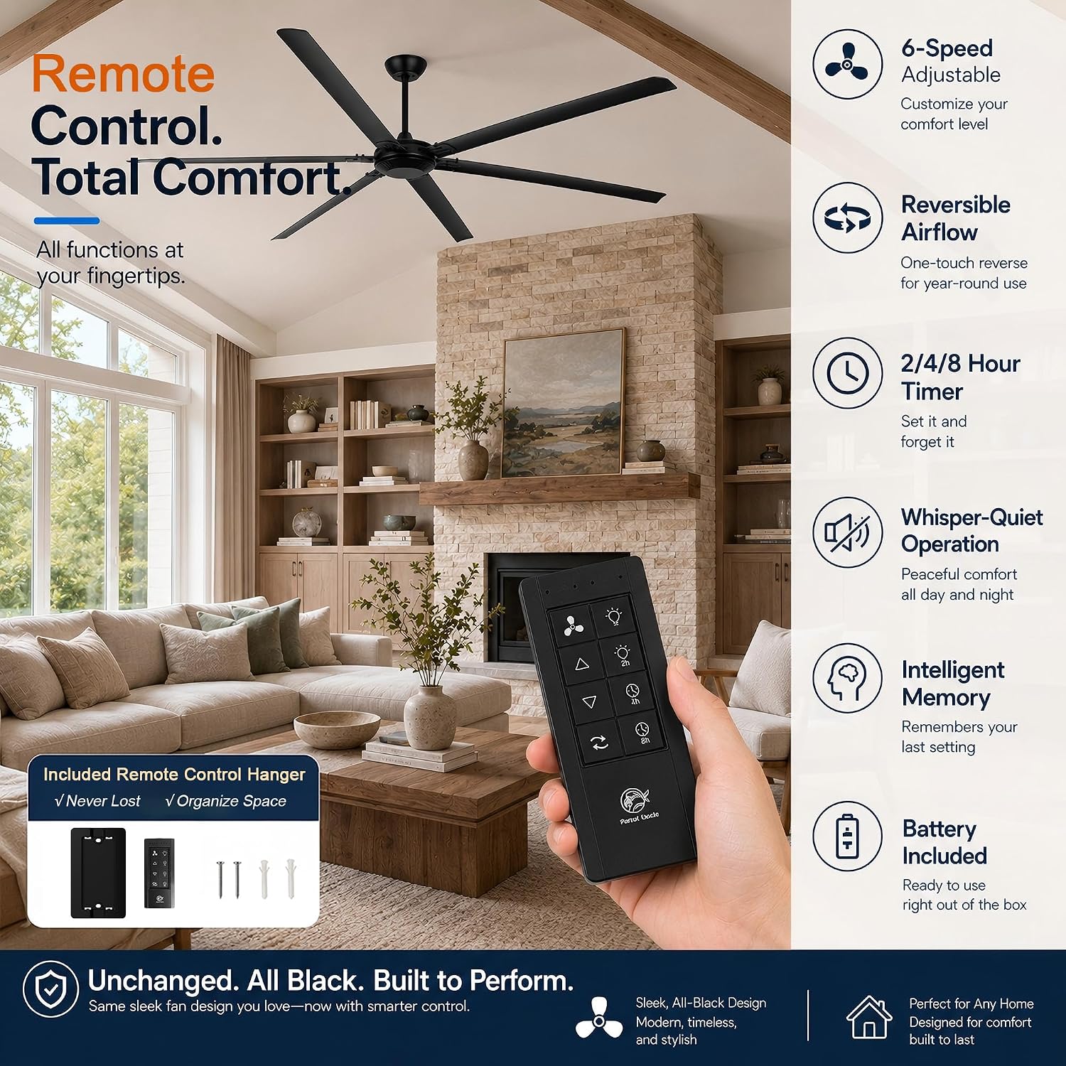 120 Inch Ceiling Fans without Lights Big Industrial Black Ceiling Fan for Shop Garage Gym, 6-Speed Reversible DC Motor Outdoor Ceiling Fans for Patios, Commercial Fan with Remote, 6 Aluminum Blades