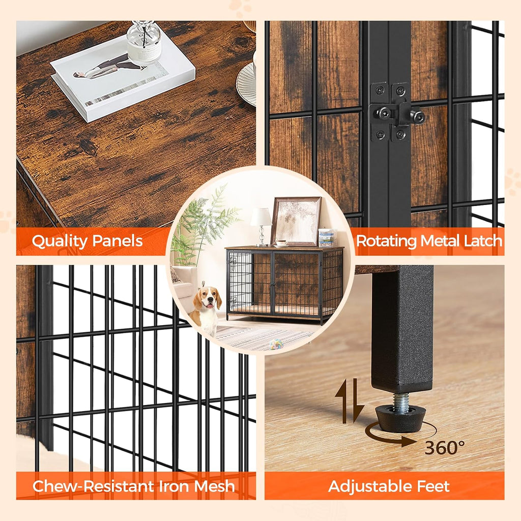 MAHANCRIS Dog Crate Furniture with Cushion, Wooden Dog Kennel with Double Doors, Heavy Duty Dog Cage for Small/Medium/Large Dogs, Indoor Dog House End Table, 39.4' L, Rustic Brown DCHR10701