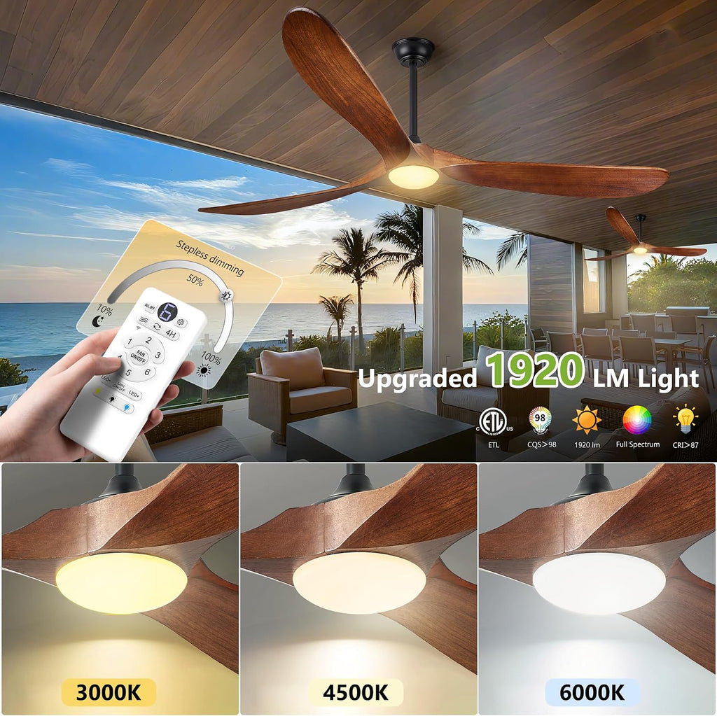52 Inch Ceiling Fans with Lights and Remote Control, Outdoor Ceiling Fan with Light Solid Wood 3 Blade Propeller Ceiling Fan, Quiet High CFM Damp Rated Outdoor Fan for Patios Farmhouse, Dark Walnut