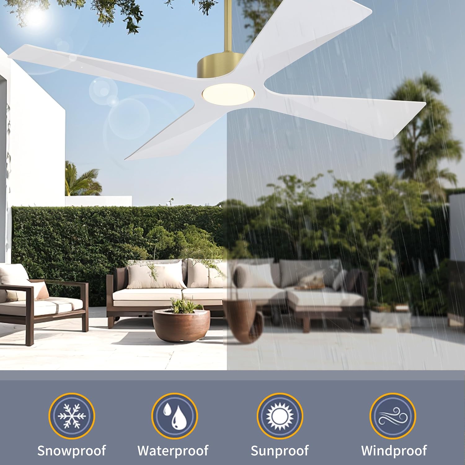 WINGBO 54' Wet Rated Outdoor Ceiling Fan with Lights, 4 ABS Plastic Blades, Reversible DC Motor, 6-Speed Remote Control, 3 CCT, Waterproof Ceiling Fan for Patio Porch Gazebo Garage, Brass and White