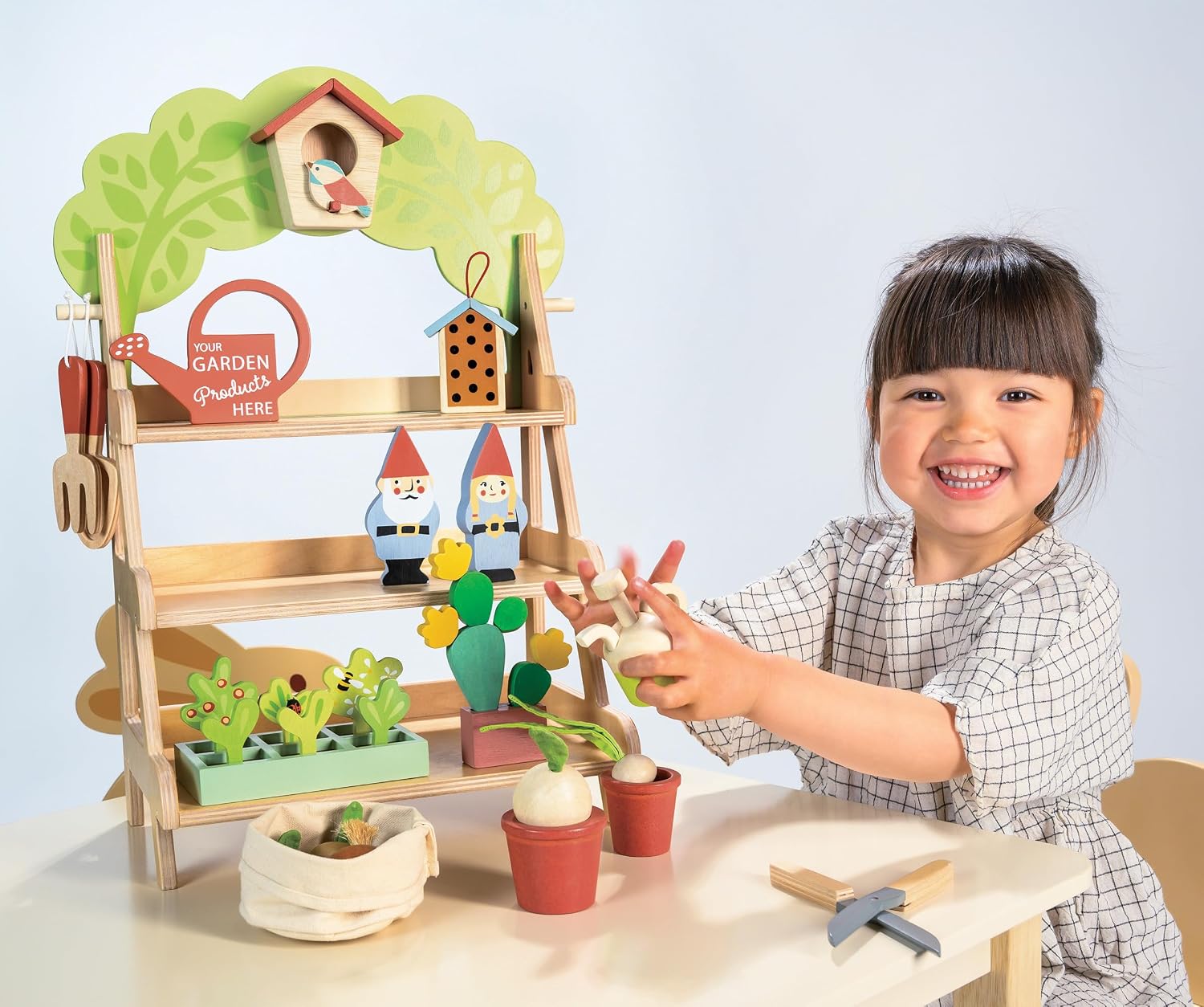 Tender Leaf Toys - Garden Centre - Wood Pretend Play Gardening Set Including Tools, Bird House, Gnomes and Accessories - Encourages Imaginative Play, Improves Language and Fine Motor Skills - Age 3+