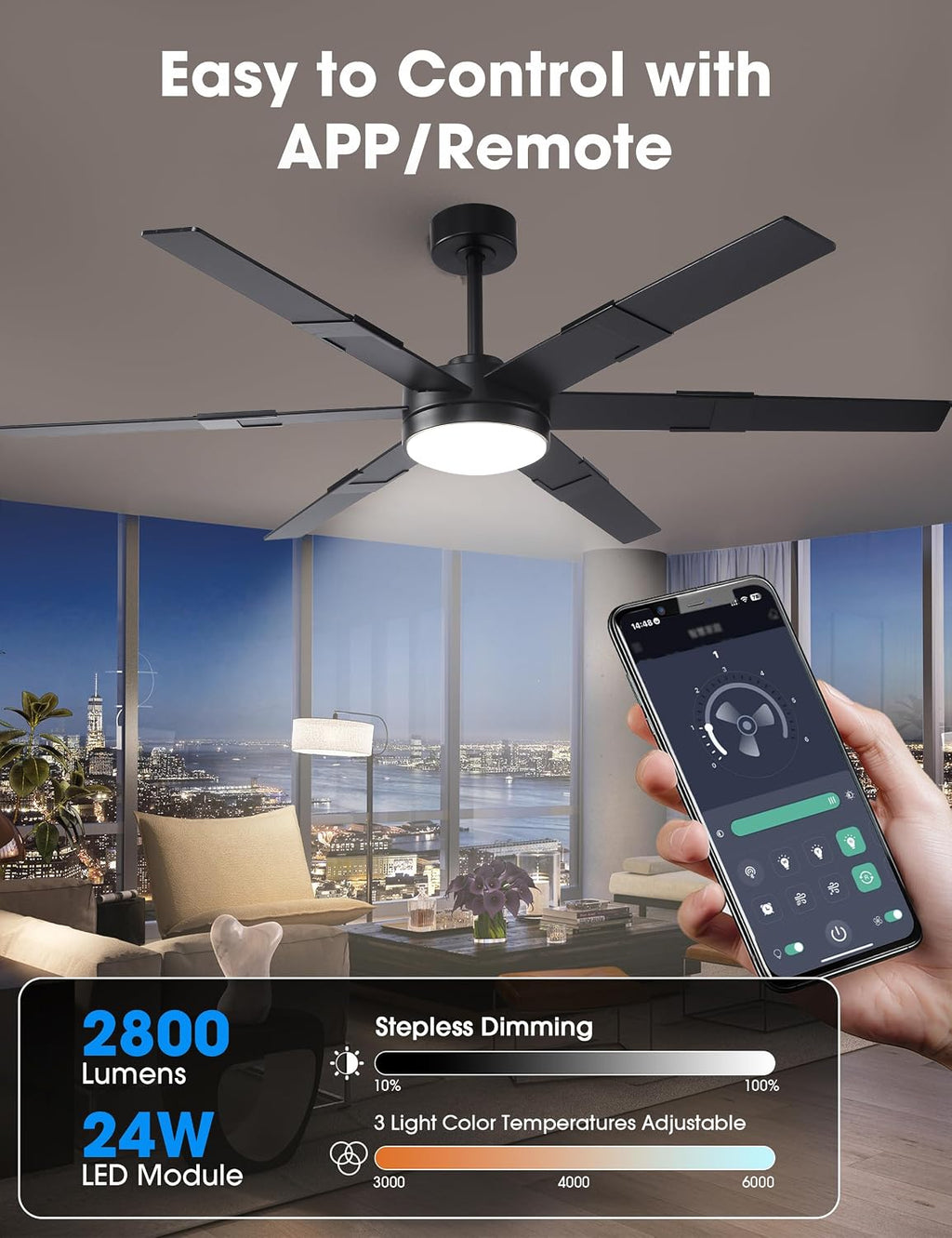 Smart Ceiling Fans with Lights and Remote & APP Control, 60 Inch Farmhouse Ceiling Fans for Living Room Bedroom, 6-Speed Reversible DC Motor, Dimmable LED Light, 3CCT, Ventilador de Techo con Luz