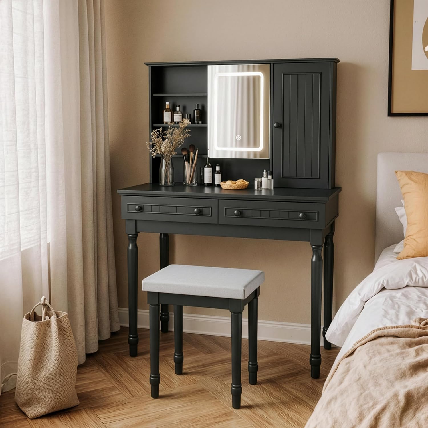 Scurrty Vintage Vanity Table Set with Stool, Color-Changing LED Mirror & Storage Organizer, Classic Wooden Dressing Makeup Desk for Bedroom (Black)