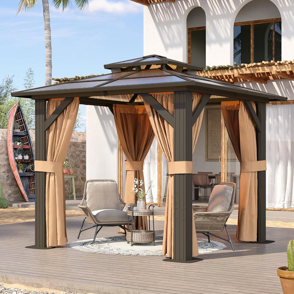 Aoxun 8'x8' Hardtop Gazebo, Metal Frame Permanent Pavilion with Curtains and Netting, Outdoor Polycarbonate Double Roof Canopy, Designed for Garden, Lawns, Patio, Brown
