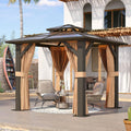 Aoxun 8'x8' Hardtop Gazebo, Metal Frame Permanent Pavilion with Curtains and Netting, Outdoor Polycarbonate Double Roof Canopy, Designed for Garden, Lawns, Patio, Brown
