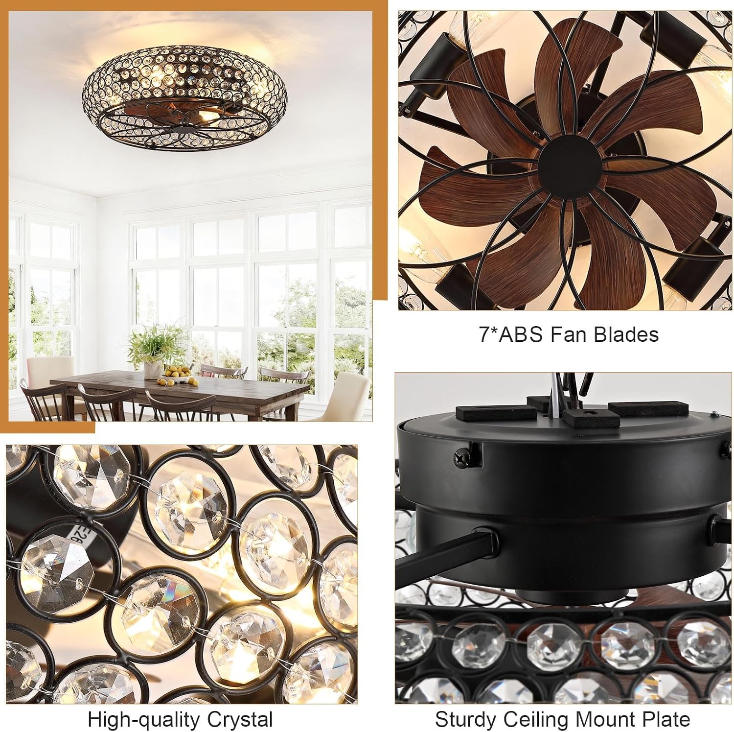 Modern Fandelier Crystal Ceiling Fans with Lights and Remote, 20-Inch Low Profile Bladeless Flush Mount Caged Ceiling Fan for Bedroom, Kitchen,Living Room,Small Ceiling Fan with Light with 6 Speed