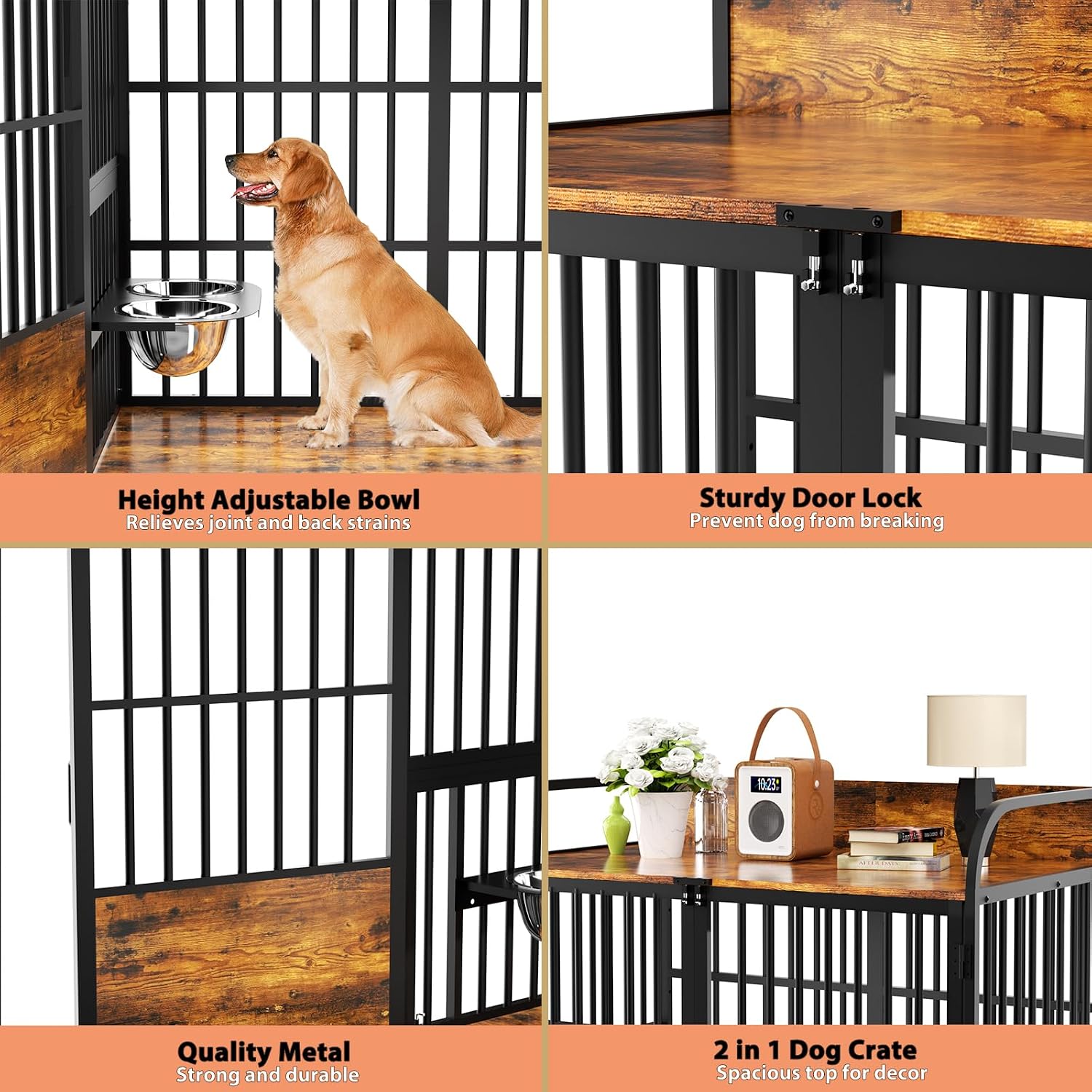41 in Dog Crate Furniture, Medium Dog Kennel Indoor with Adjustable Bowls, Wooden Dog Cage Table Decorative for Small, Medium, Dog, Brown 41' L X 24' W X 36' H