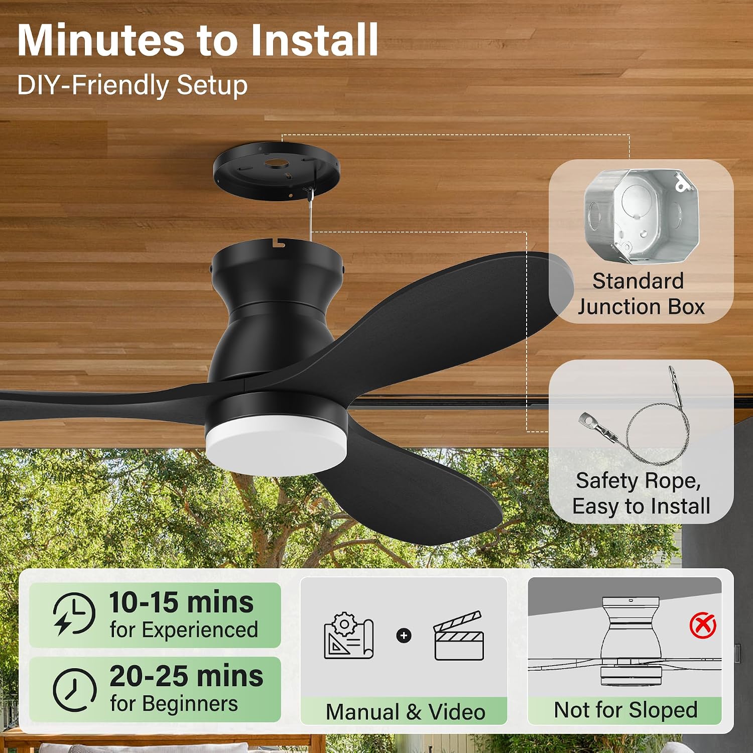 42' Wood Ceiling Fans with Lights, Smart Control by Remote Alexa APP,Quiet DC Motor,Modern Flush Mount Hugger Ceiling Fan for Low Profile Bedroom,Patio,Outdoor Indoor,Matte Black,Dim,6 Speed,3 Blade