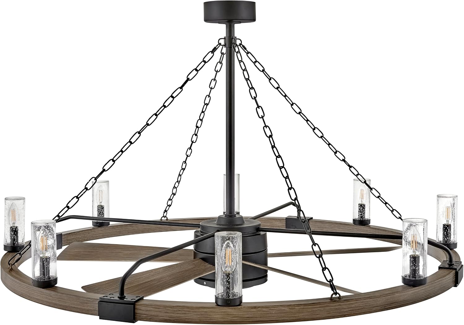 Hinkley Sawyer 52' LED Smart Ceiling Fan with Light and Remote, Rustic Wagon Wheel Chandelier Fandelier, Composite Material, Wet Rated Indoor Outdoor, Seedy Glass Shades, Matte Black and Driftwood