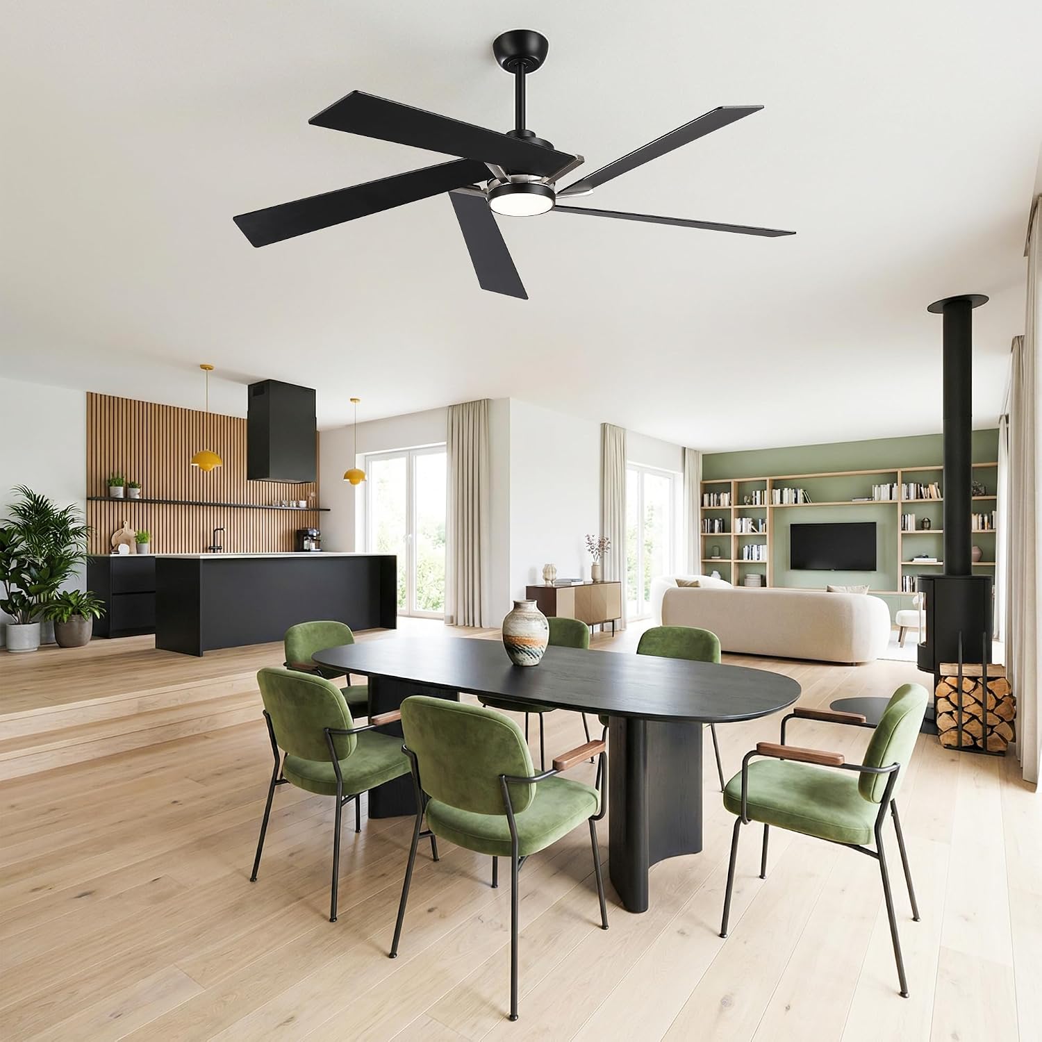 60 Inch Ceiling Fans with Lights and Remote, Modern Black Ceiling Fan with Reversible DC Motor, Dimmable LED, Memory Function & Timer, Quiet Outdoor Ceiling Fans for Patios Living Room Bedroom