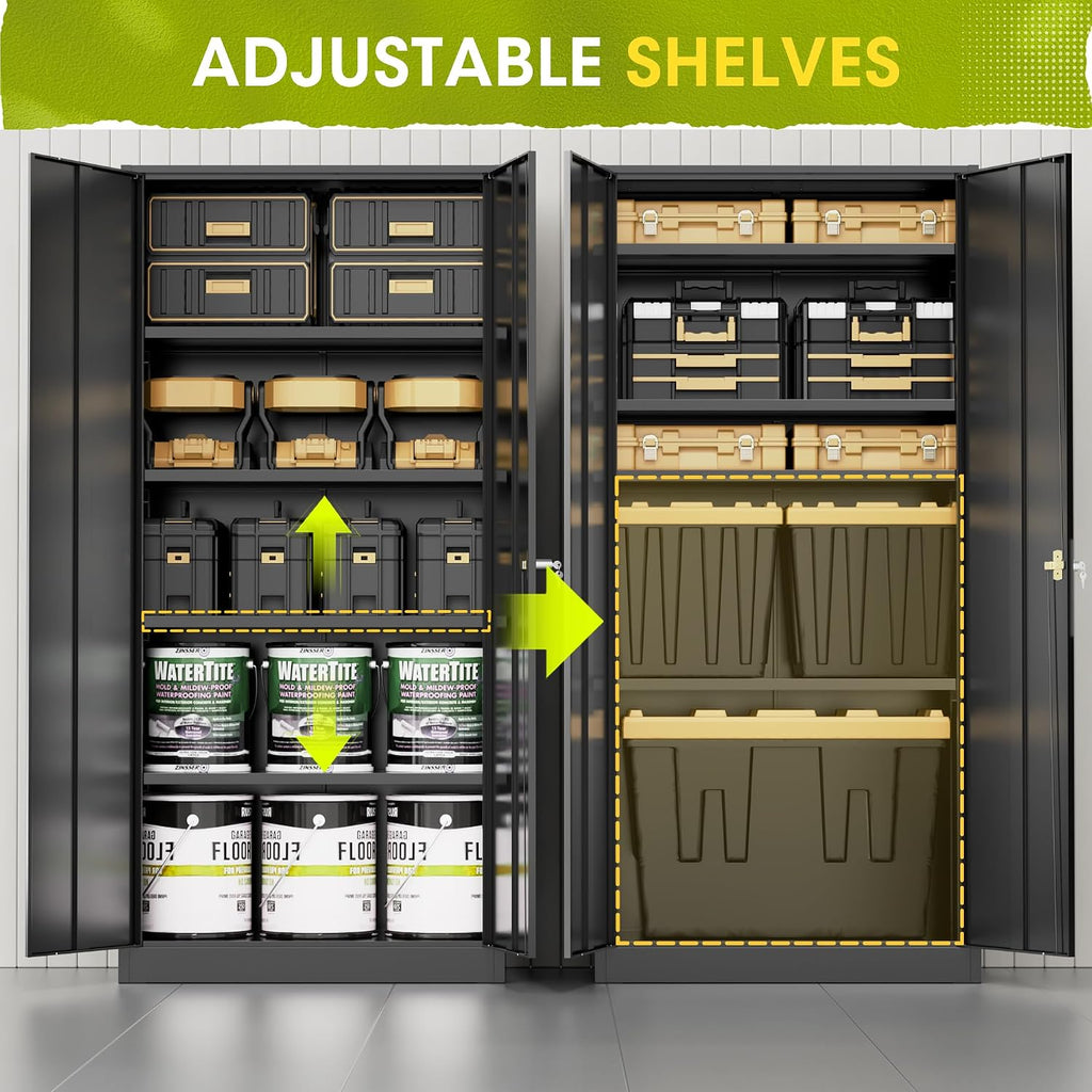 Greenvelly Metal Lockable Storage Cabinet, 72' Tall Storage Cabinet with 2 Doors and 4 Adjustable Shelves for Office, Home, Garage, Pantry (Assembly Required, 18'D, Black)