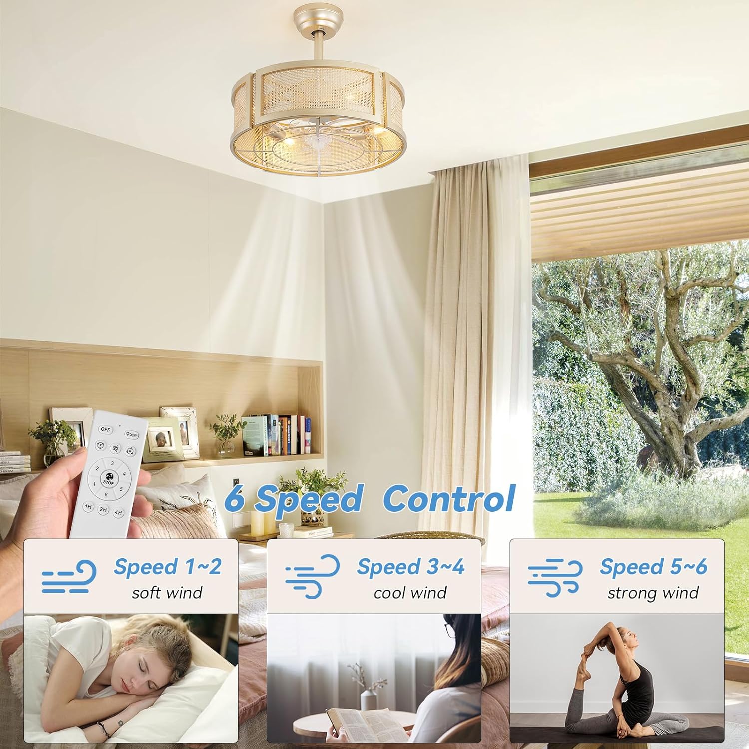 20' Boho Ceiling Fans with Lights, Rattan Fandelier Ceiling Fan with Light Remote Control with Caged 6 Speeds for Bedroom, Nursery, Living Room (Gold)
