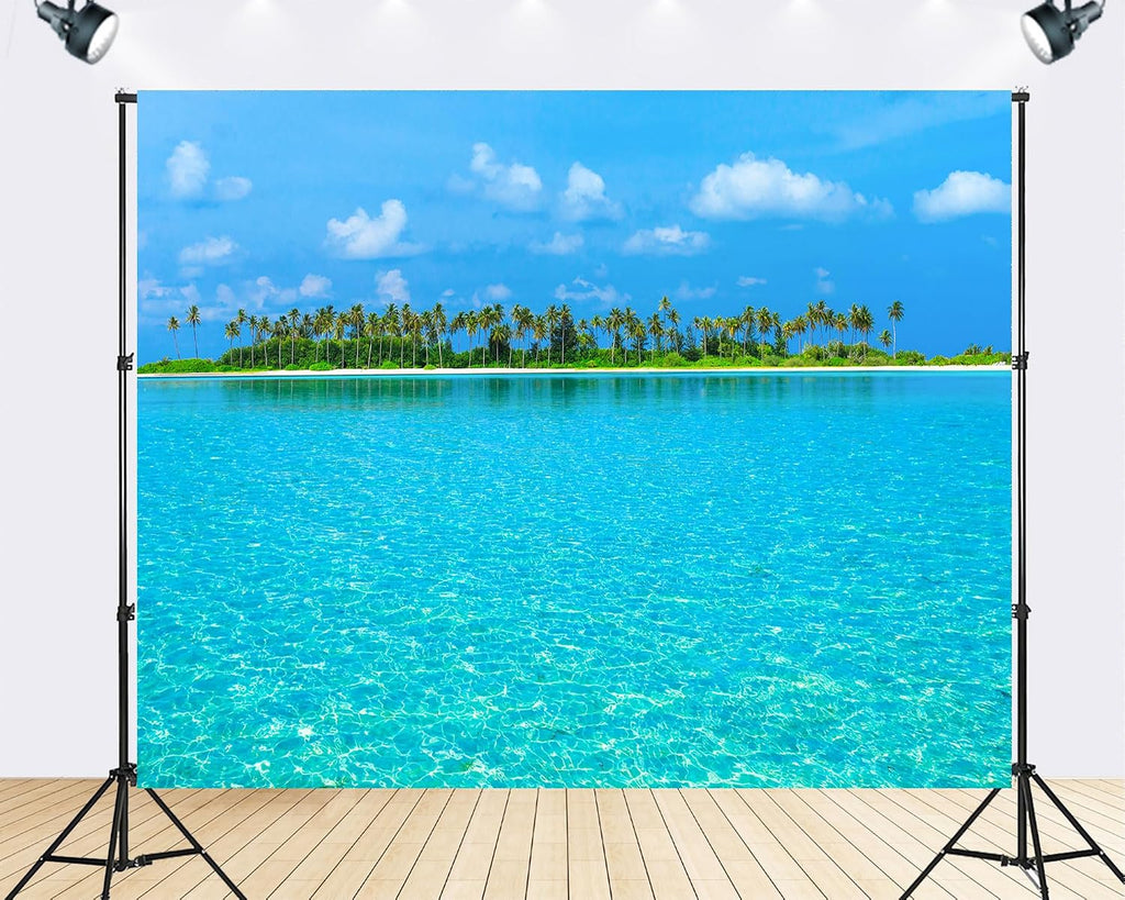 Trykid 20x10ft Crystal Clear Lagoon Backdrop Turquoise Water Palm Tree Line White Sand Shore Bright Sky Photography Background Tropical Tapestry Party Decoration Photo Studio Prop Fabric