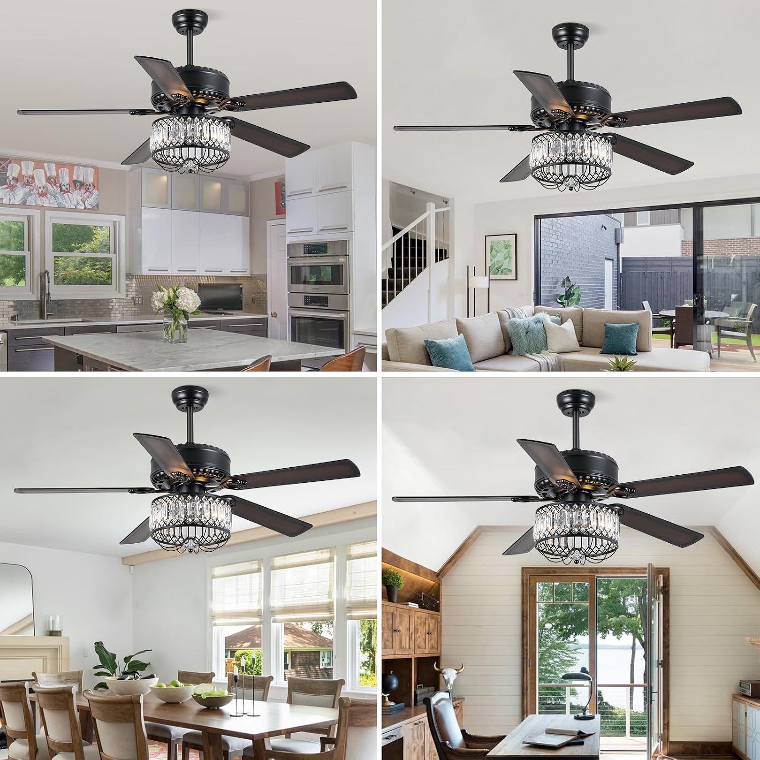 Kviflon Farmhouse Crystal Ceiling Fans with Lights and Remote, 52 Inch Chandelier Ceiling Fans, Black Fandelier Ceiling Fan for Bedroom Living Room, Quiet DC Motor, Reversible, Bulb not Included