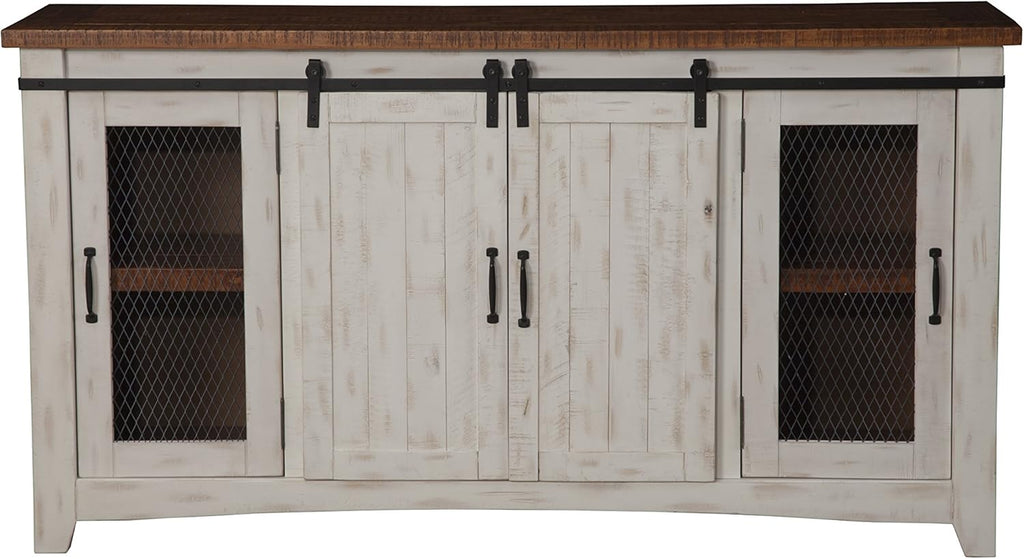 Martin Svensson Home 65' Solid Pine Wood Entertainment Center with Storage. Rustic TV Stand for TVs up to 70.' Sliding Doors, Adjustable Shelves & Cable Management – White and Honey Finish