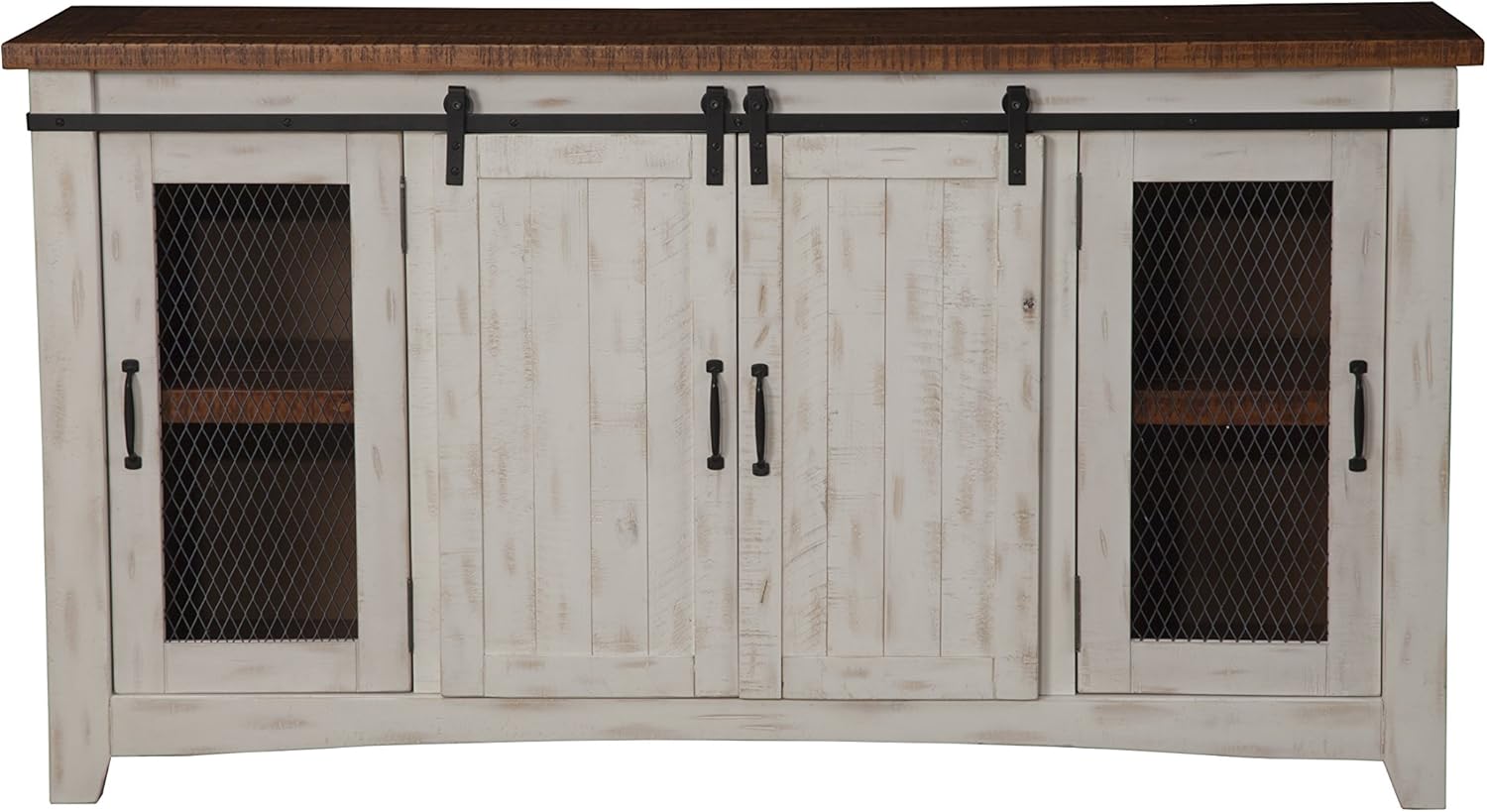 Martin Svensson Home 65' Solid Pine Wood Entertainment Center with Storage. Rustic TV Stand for TVs up to 70.' Sliding Doors, Adjustable Shelves & Cable Management – White and Honey Finish