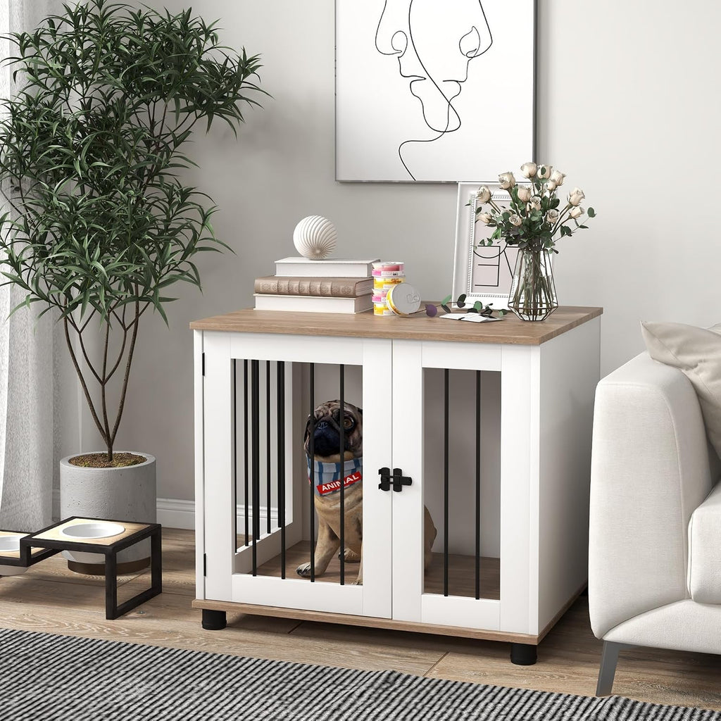 PawHut Dog Crate Furniture, Side Table Indoor Dog Kennel, End Table with Lockable Door for Small and Medium Dogs, Walnut Brown