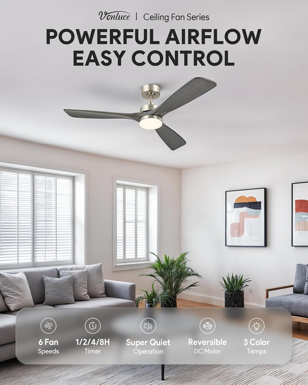 VONLUCE Wood Ceiling Fan with Lights, 52 Inch Ceiling Fan and Remote, 6 Speed Reversible Noiseless DC Motor, 3CCT, Solid Wood Outdoor Ceiling Fan for Patios Farmhouse, Grey