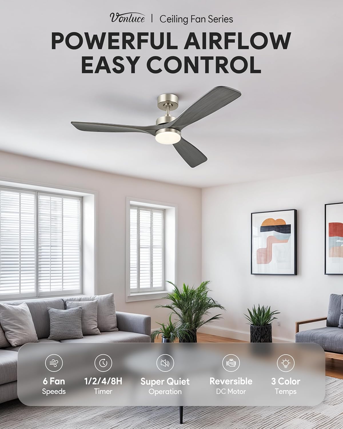 VONLUCE Wood Ceiling Fan with Lights, 52 Inch Ceiling Fan and Remote, 6 Speed Reversible Noiseless DC Motor, 3CCT, Solid Wood Outdoor Ceiling Fan for Patios Farmhouse, Grey