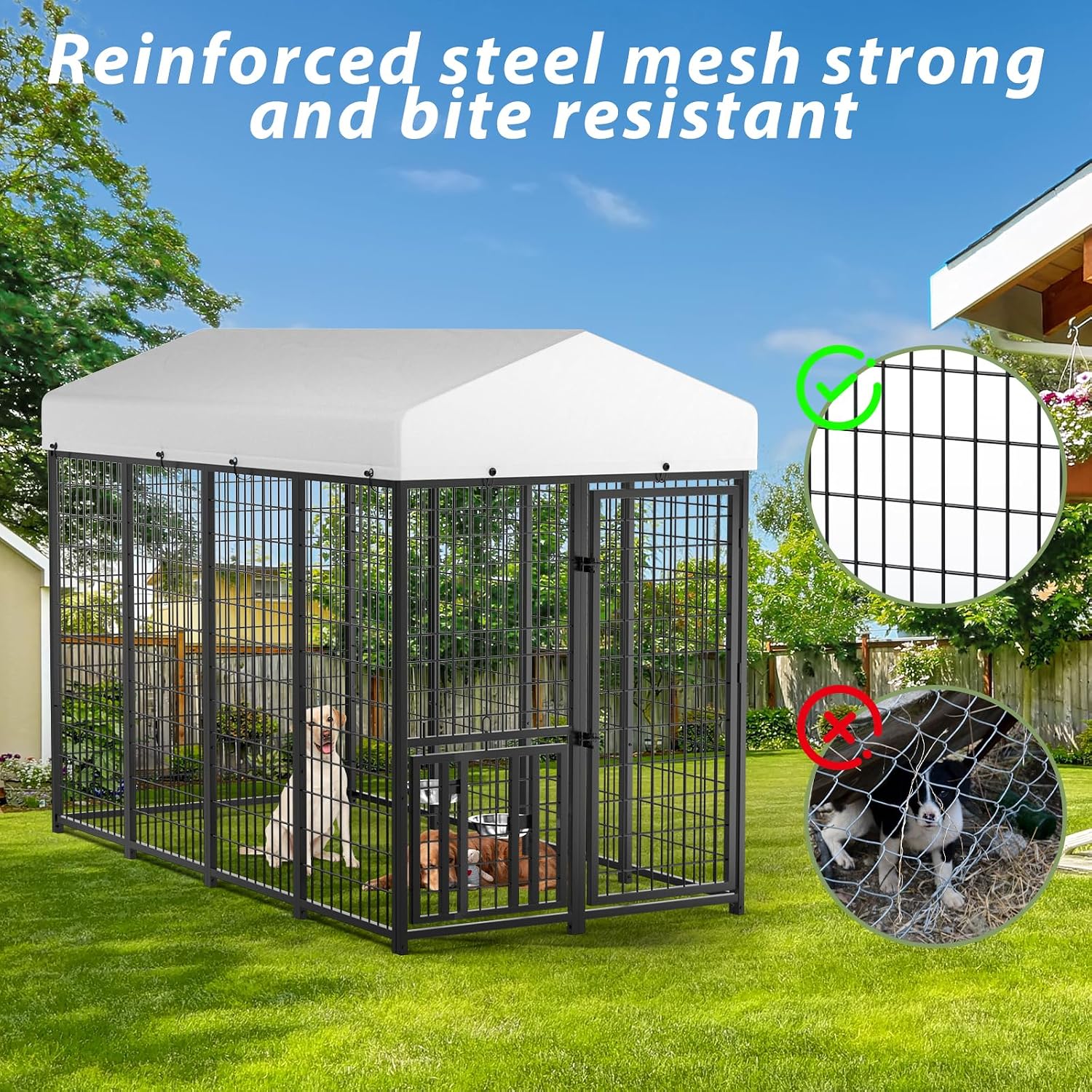 LOVMOR Outdoor Dog Kennel with Roof, Heavy Duty Steel Dog Run Enclosure for Medium Dogs, Waterproof Canopy, Double Latch Door, Adjustable Feeding Bowls, Pet Pen for Yard and Patio, 8'L x 4'W x 5.6'H