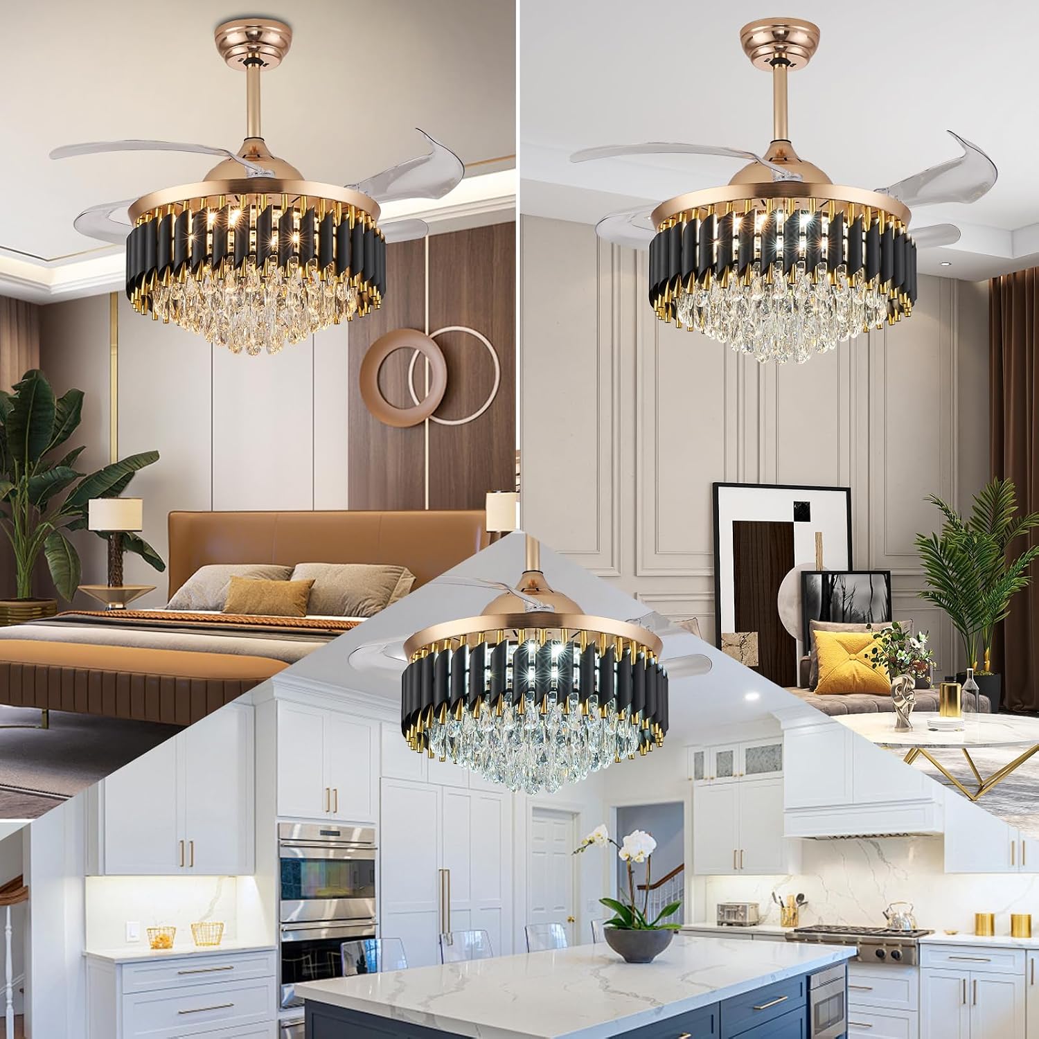 48' Dimmable Black and Gold Crystal Chandelier with Fan, Gold Fandelier Ceiling Fans with Lights and Remote Modern Retractable Blade Ceiling Fans for Dinning Room Living Room Kitchen