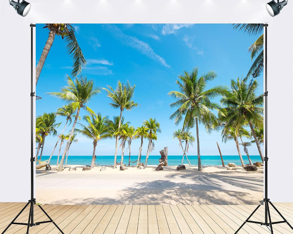 Trykid 20x10ft Tropical Palm Tree Beach Backdrop Clear Blue Sky White Sand Turquoise Water Lush Frond Paradise Photography Background Tapestry Party Decoration Photo Booth Prop Fabric