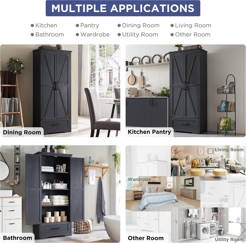 Farmhouse Kitchen Pantry Cabinet - 72' Tall Wood Kitchen Storage Cabinets with Adjustable Shelves & 2 Barn Doors & Drawer, Versatile Storage for Dining Room, Bathroom, Utility Room, Antique Black | Large