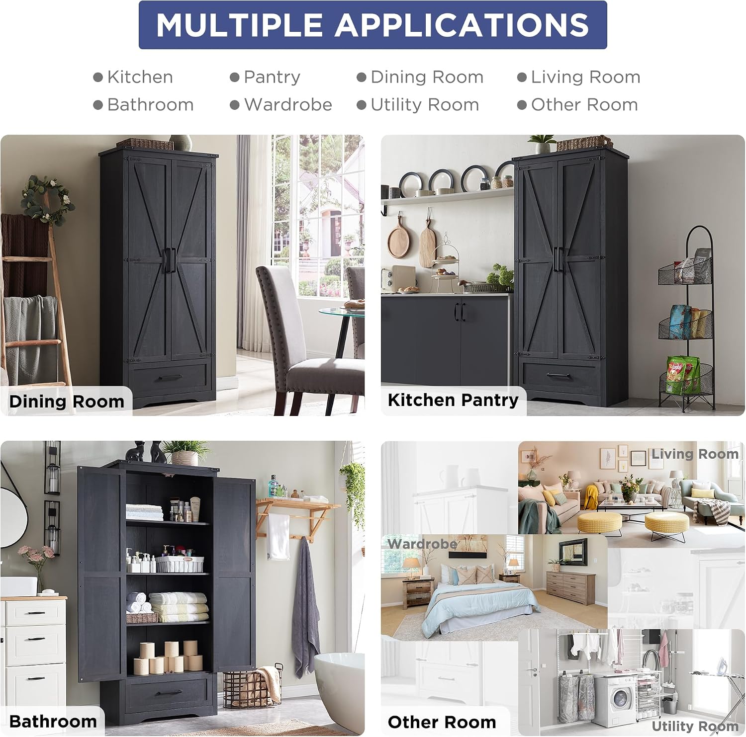 Farmhouse Kitchen Pantry Cabinet - 72' Tall Wood Kitchen Storage Cabinets with Adjustable Shelves & 2 Barn Doors & Drawer, Versatile Storage for Dining Room, Bathroom, Utility Room, Antique Black | Large
