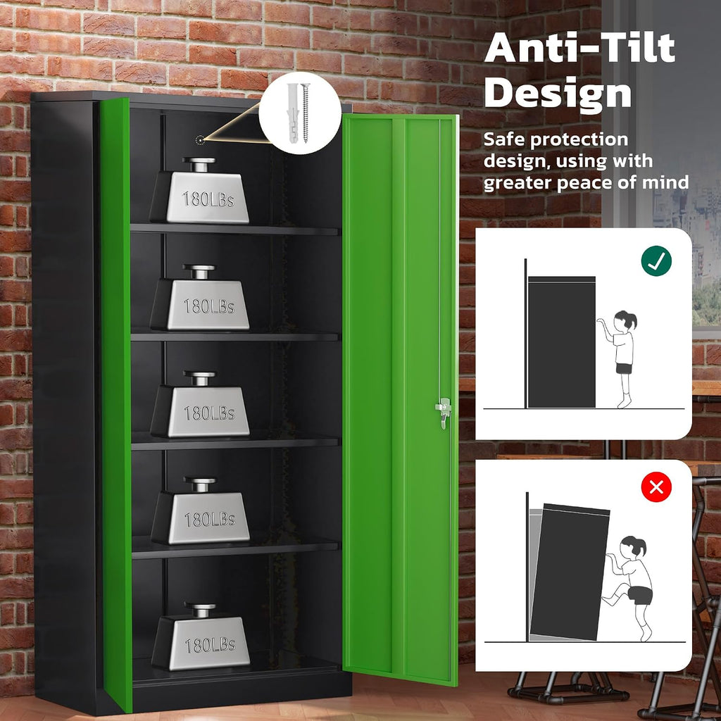 Greenvelly Metal Garage Storage Cabinet with 2 Doors and 4 Adjustable Shelves, 72' HLockable Storage Cabinet,Tall Metal Cabinet Locking File Cabinet for Office,Home, Garage, Gym, School