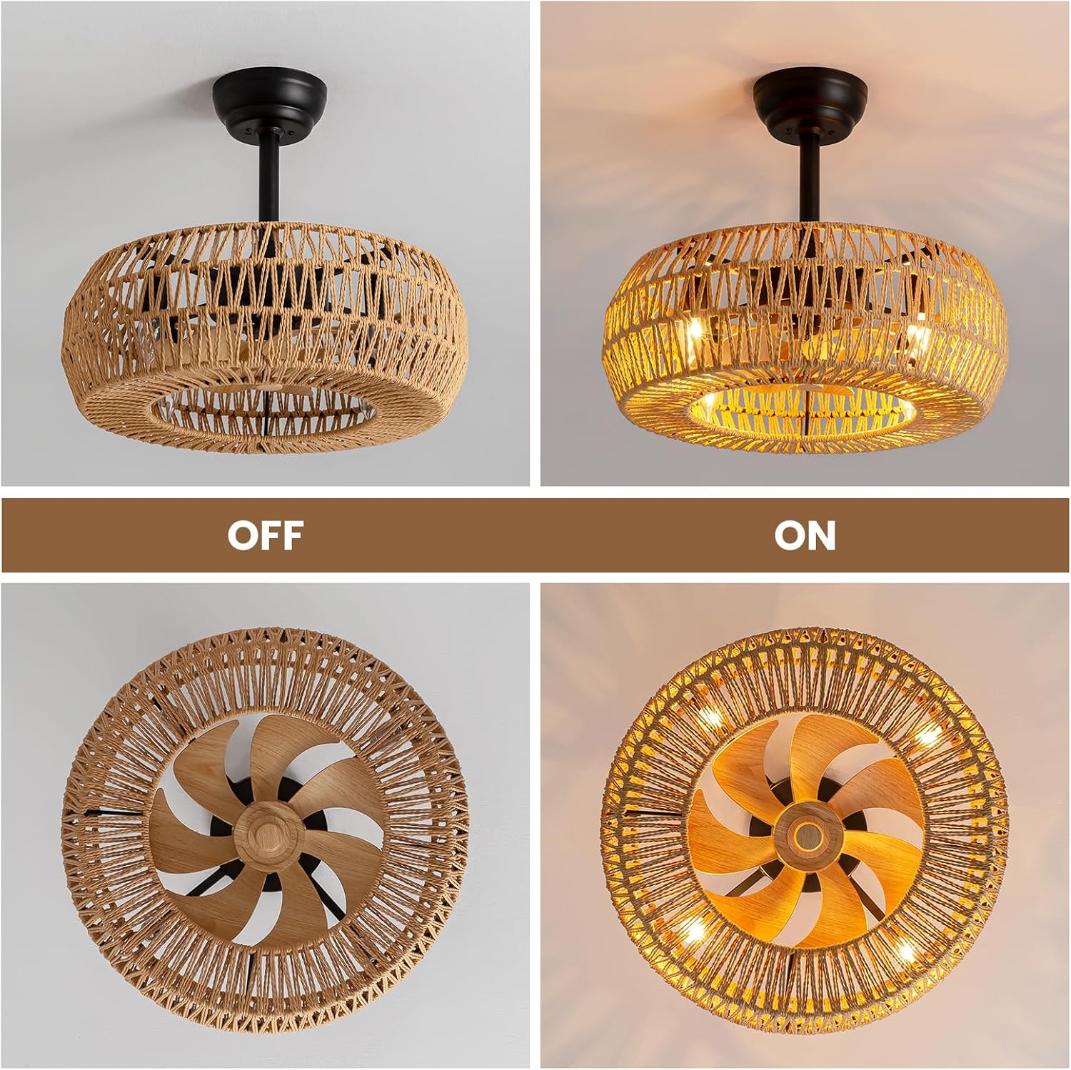 20' Boho Caged Ceiling Fan with Lights Remote Control, Rattan Cage Low Profile Bladeless Ceiling Fan, Farmhouse Ceiling Fans with Light for Kitchen, Bedroom, Dining Room