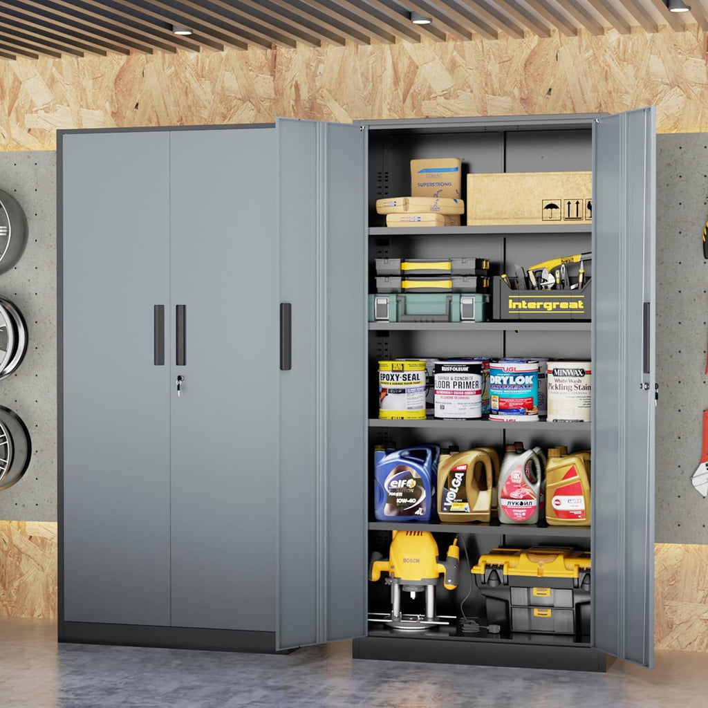 INTERGREAT Storage Cabinet with Doors and Shelves, Metal Garage Storage Cabinets with Lock, Black Lockable Steel Supply Cabinet for Home Office, Warehouse (Black Grey)
