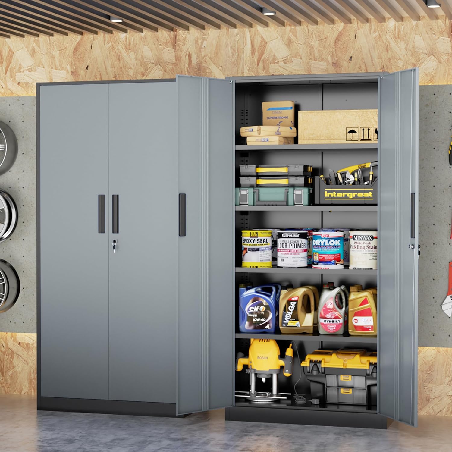 INTERGREAT Storage Cabinet with Doors and Shelves, Metal Garage Storage Cabinets with Lock, Black Lockable Steel Supply Cabinet for Home Office, Warehouse (Black Grey)