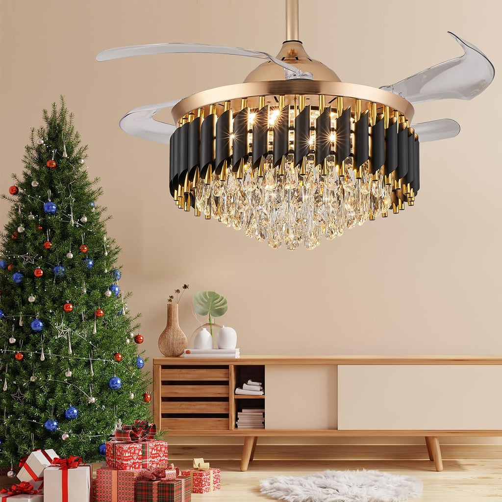 48' Dimmable Black and Gold Crystal Chandelier with Fan, Gold Fandelier Ceiling Fans with Lights and Remote Modern Retractable Blade Ceiling Fans for Dinning Room Living Room Kitchen