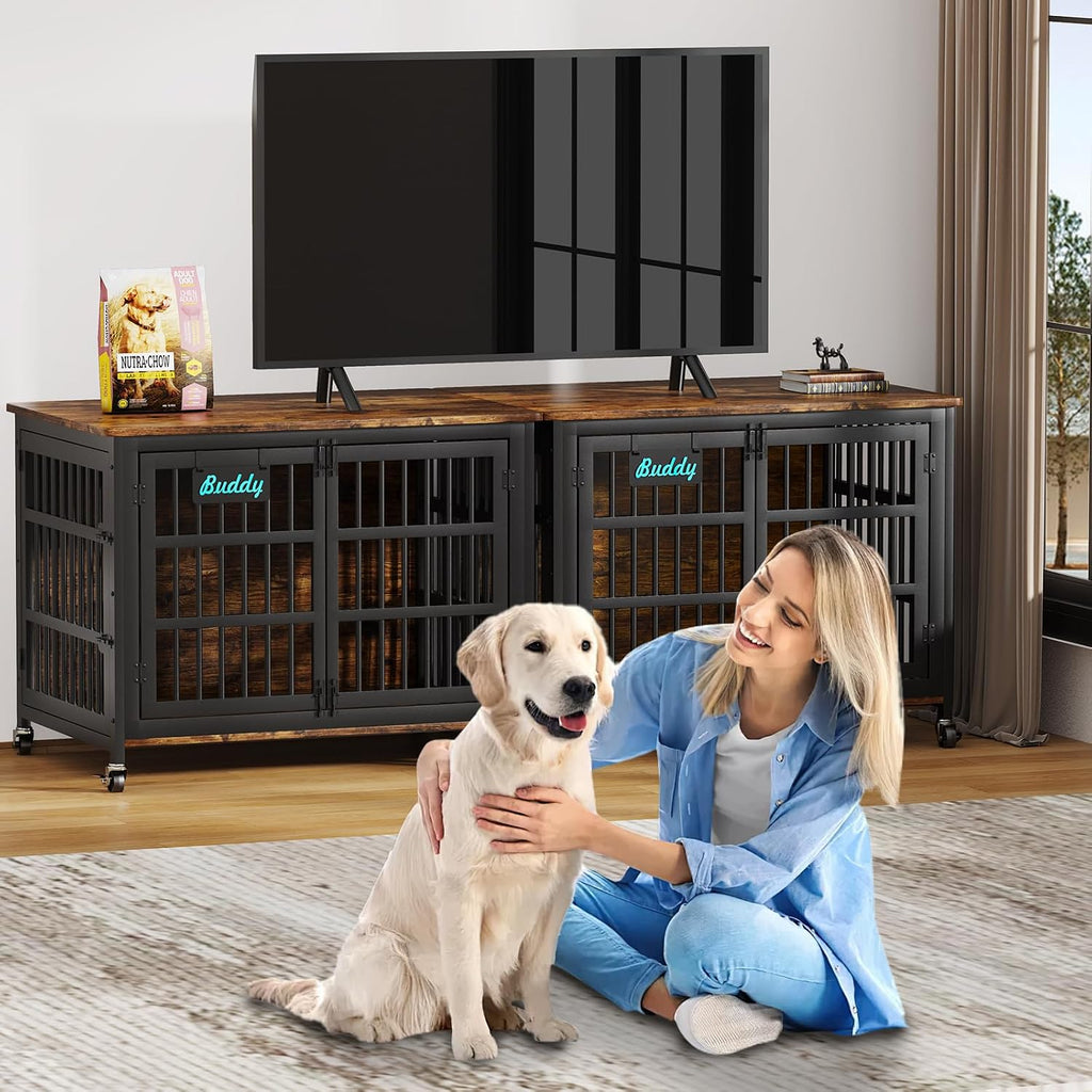 EasyCom 42'/41'/33' Dog Crate Furniture with Name Tag, XL Heavy Duty Dog Kennel Indoor for Large and Medium Dogs, Double-Doors Sturdy Dog Cage for Anxiety Dog, Decorate House as TV Stand