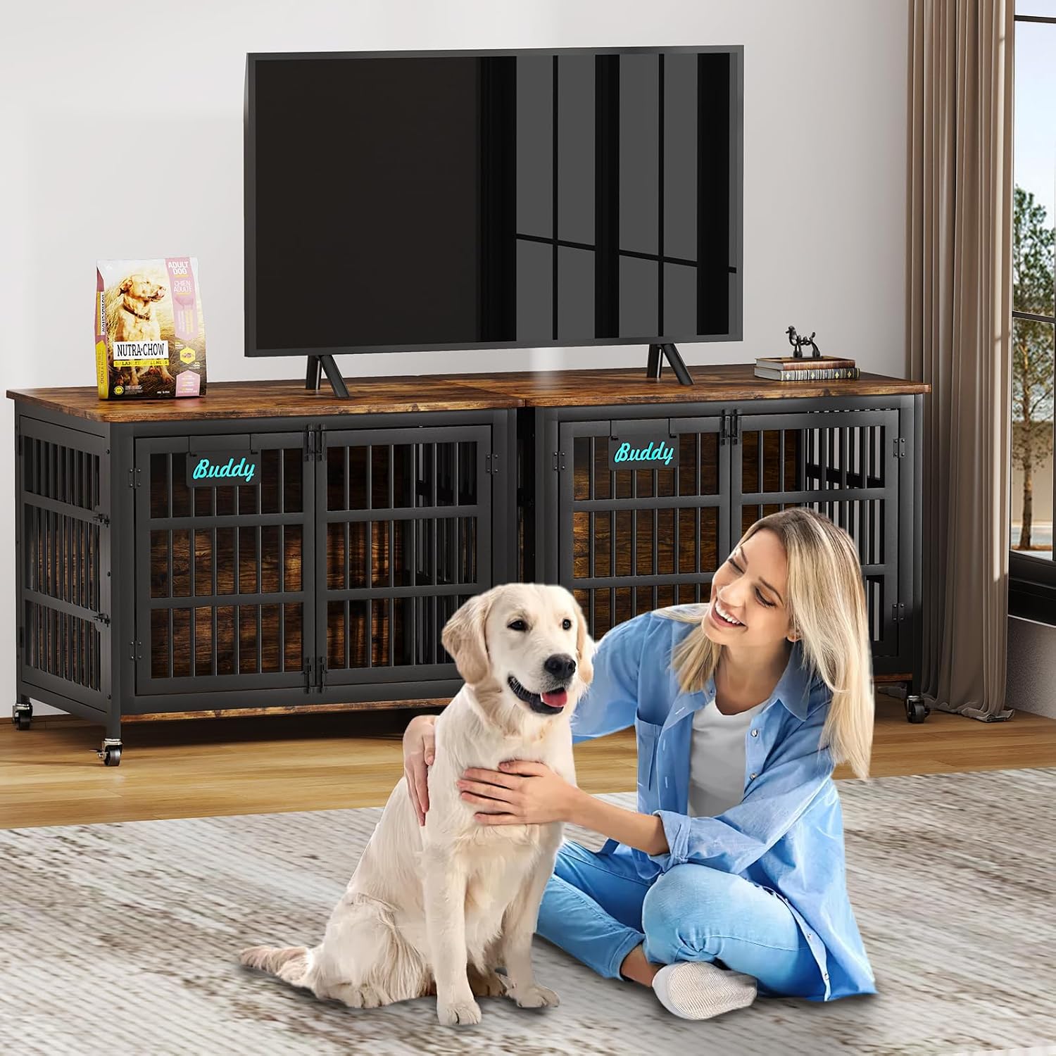 EasyCom 42'/41'/33' Dog Crate Furniture with Name Tag, XL Heavy Duty Dog Kennel Indoor for Large and Medium Dogs, Double-Doors Sturdy Dog Cage for Anxiety Dog, Decorate House as TV Stand