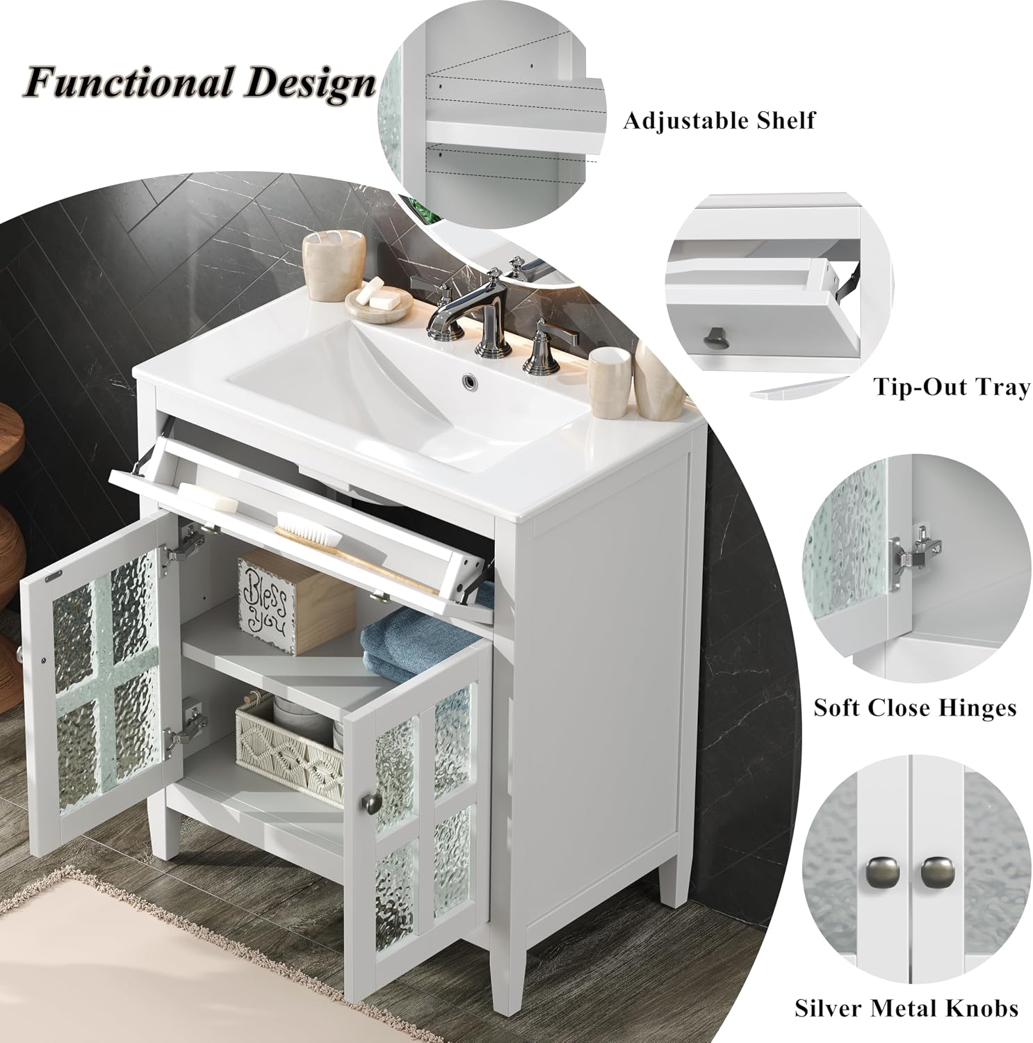 30' Bathroom Vanity with Sink, Bathroom Sink with Cabinet, Adjustable Interior Shelf, Convenient Tip-Out Tray, Silver Metal Knobs, A Modern and Practical Choice for Guest Suites