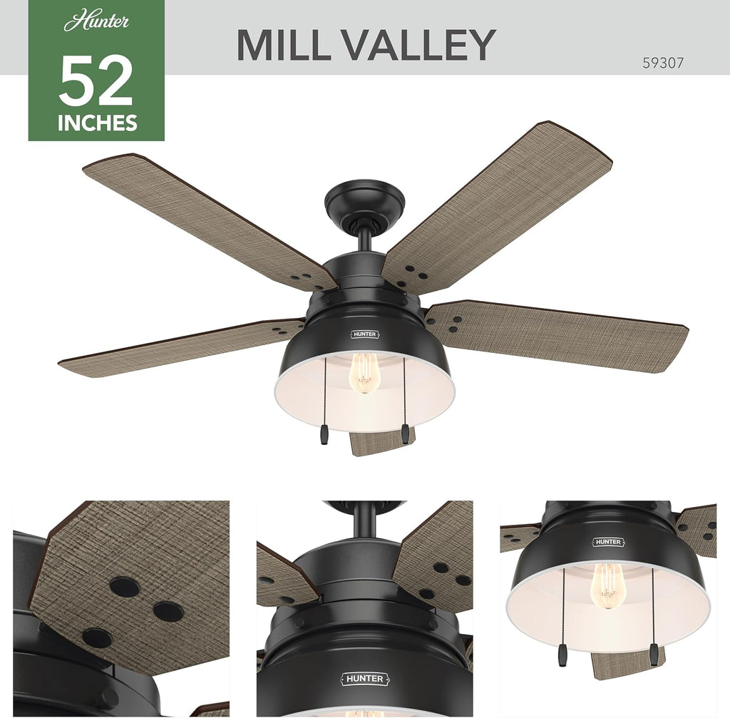 Hunter 52 inch Outdoor or Indoor Ceiling Fan with LED Light - Black Rustic Ceiling Fan with Pull Chain, For Bedroom, Living Room, or Patio, Standard Mount, No Remote - Mill Valley 59307, Matte Black
