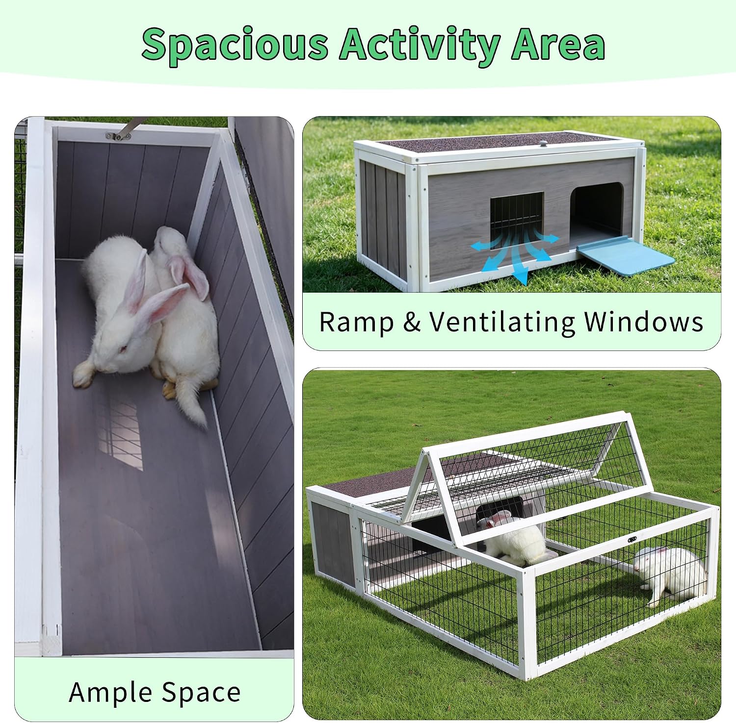 Tortoise House Habitat Wooden, Chicken Coop with Run Rabbit Hutch Small Animal Hutch Enclosure Indoor/Outdoor-Grey + White Trim