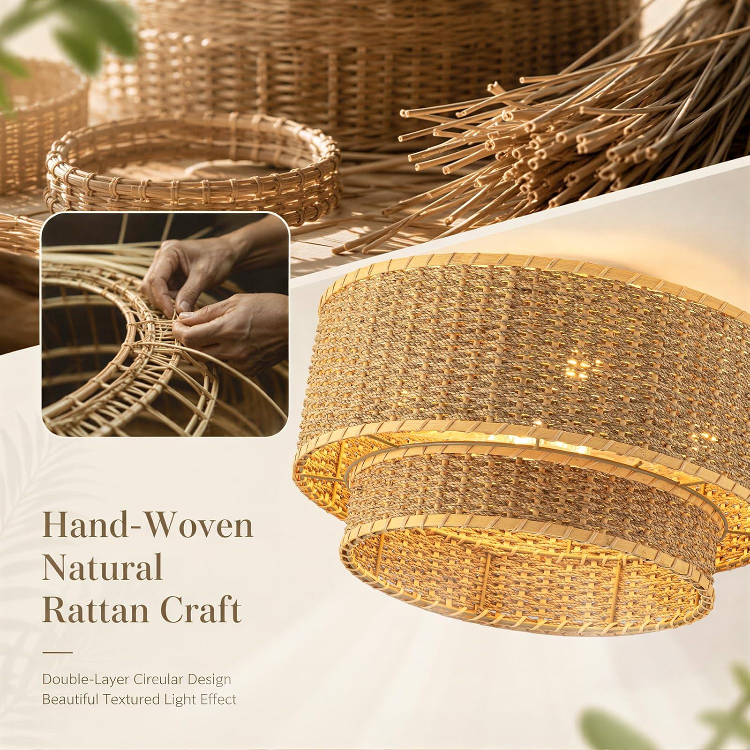 Boho Rattan Ceiling Fan with Light, Flush Mount Woven Fandelier with Remote,2-Tier Layered Caged Ceiling Fan Light Fixture, 6-Speed Reversible Low Profile Fan for Bedroom Kitchen Dining Room