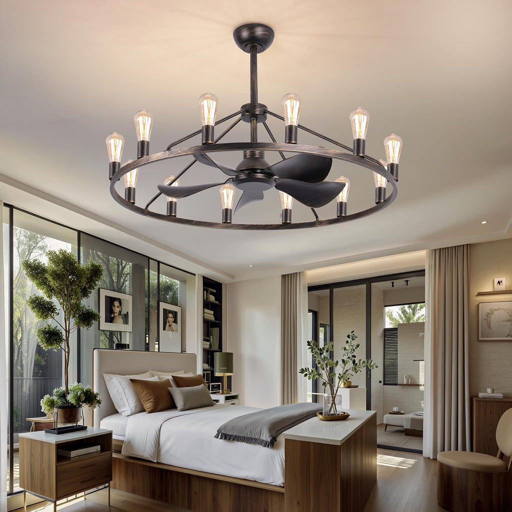 Miuyhji Farmhouse Ceiling Fan with Lights and Remote,Bronze Fandelier,Wagon Wheel Chandelier with Fan,44 Inch Rustic Fans for 20x25' Large Room