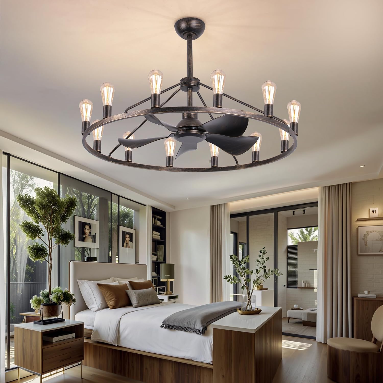 Miuyhji Farmhouse Ceiling Fan with Lights and Remote,Bronze Fandelier,Wagon Wheel Chandelier with Fan,44 Inch Rustic Fans for 20x25' Large Room