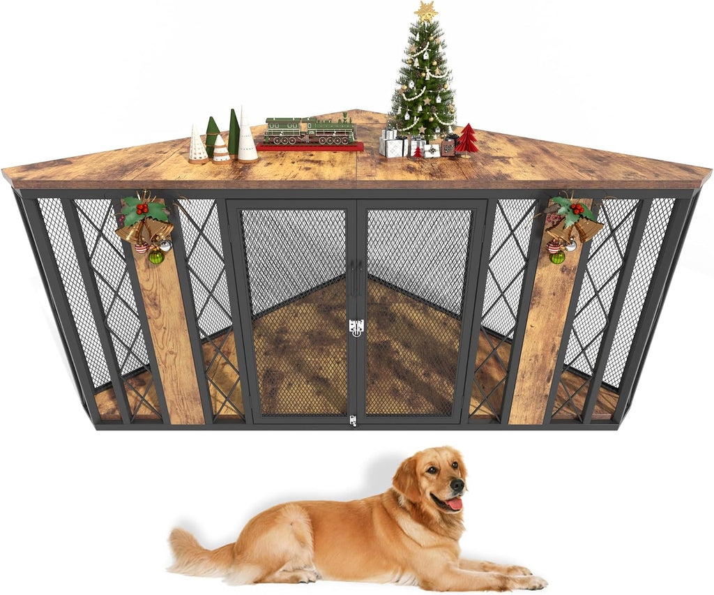 kepptory 67' Corner Wooden Dog Crate Furniture with Diamond Metal Decoration, Pet Kennel for Small, Medium and Large Dogs, Space-Saving Dog Cage for TV Stand(Brown)
