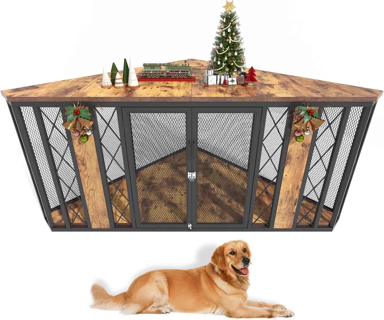 kepptory 67' Corner Wooden Dog Crate Furniture with Diamond Metal Decoration, Pet Kennel for Small, Medium and Large Dogs, Space-Saving Dog Cage for TV Stand(Brown)
