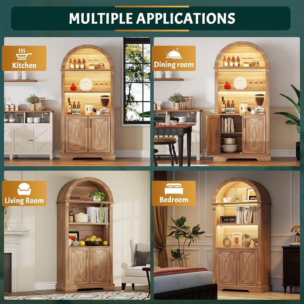 Vlsrka 71' Tall Arched Kitchen Pantry Cabinets, Wood Kitchen Storage Cabinets/Arched Bookshelf/Bookcase,China Cabinet with Open & Adjustable Shelves, Induction LED Light (Brown)