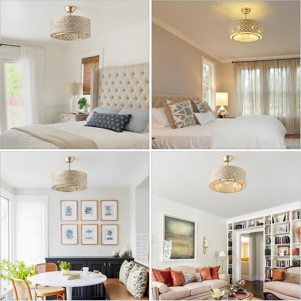 20' Gold Fandelier Crystal Ceiling Fans with Lights, Cage Gold Chandelier Ceiling Fan with Light Remote Control, 6-Speed for Bedroom, Nursery, Foyer, Living Room