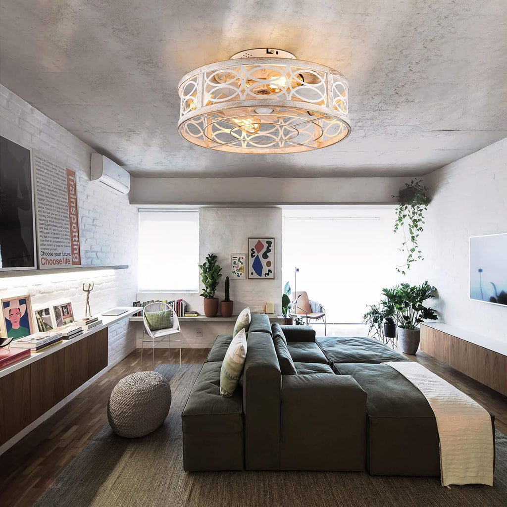 20' Caged Ceiling Fan With Light And Remote，bladeless Ceiling Fan 6 Speed Reversible With 4 Bulbs and Remote Control. With Lights for Bedroom, Dining Room