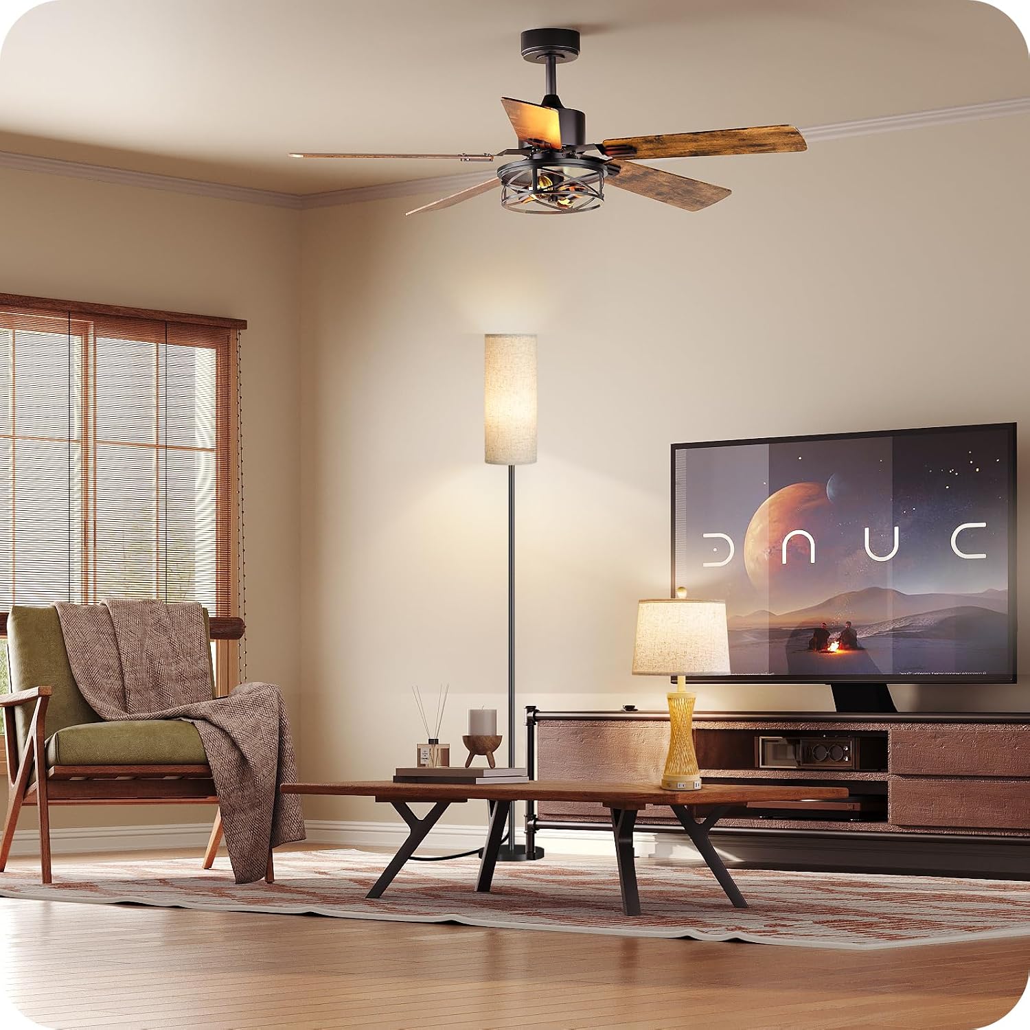 52 Inch Farmhouse Ceiling Fan with Lights and Remote, Timer, Dual Finish 5 Blades (Walnut and Black), 6 Speeds, Reversible DC Motor, Rustic & Industrial Caged Ceiling Fan for Bedroom ZB01CF05