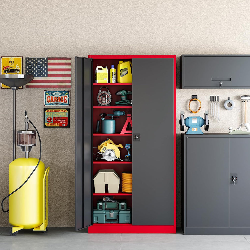 RAVIGIN Metal Garage Storage Cabinet with Lock, 72' Locking Tool Cabinet with 2 Doors and 5 Adjustable Shelves, Tall Steel Cabinet Garage for Home,Office,Warehouse，School (Red Black)