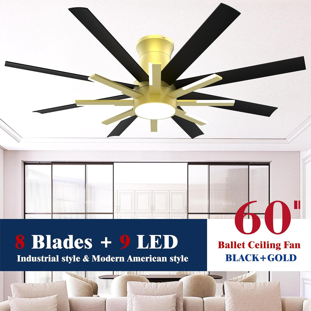 60 inch Black Ceiling Fans with Lights and Remote, Flush Mount Ceiling Fan for Living Room Bedoom，6 Speed Reversible，8 Blades and 9 Lights，3 CCT，Black Gold